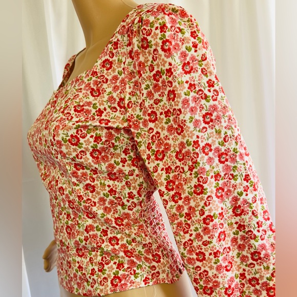 Anthropologie Lush Floral Square Neck Long Sleeve Blouse Cutout Shirred … - Picture 6 of 13